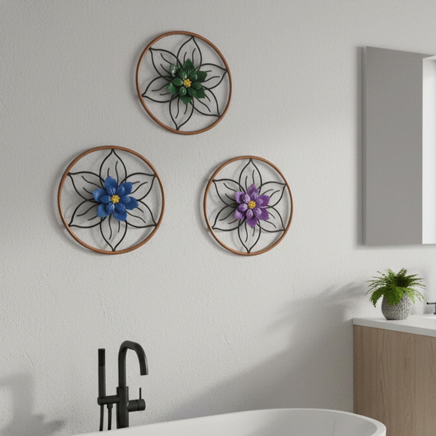 Newinhome 3 Piece Metal Round Flower Wall Art Decor,Rustic Farmhouse iron Hanging Decorate For Living Room Bedroom Kitchen Bathroom Dining Room Home Decorations（Purple Blue And Green）