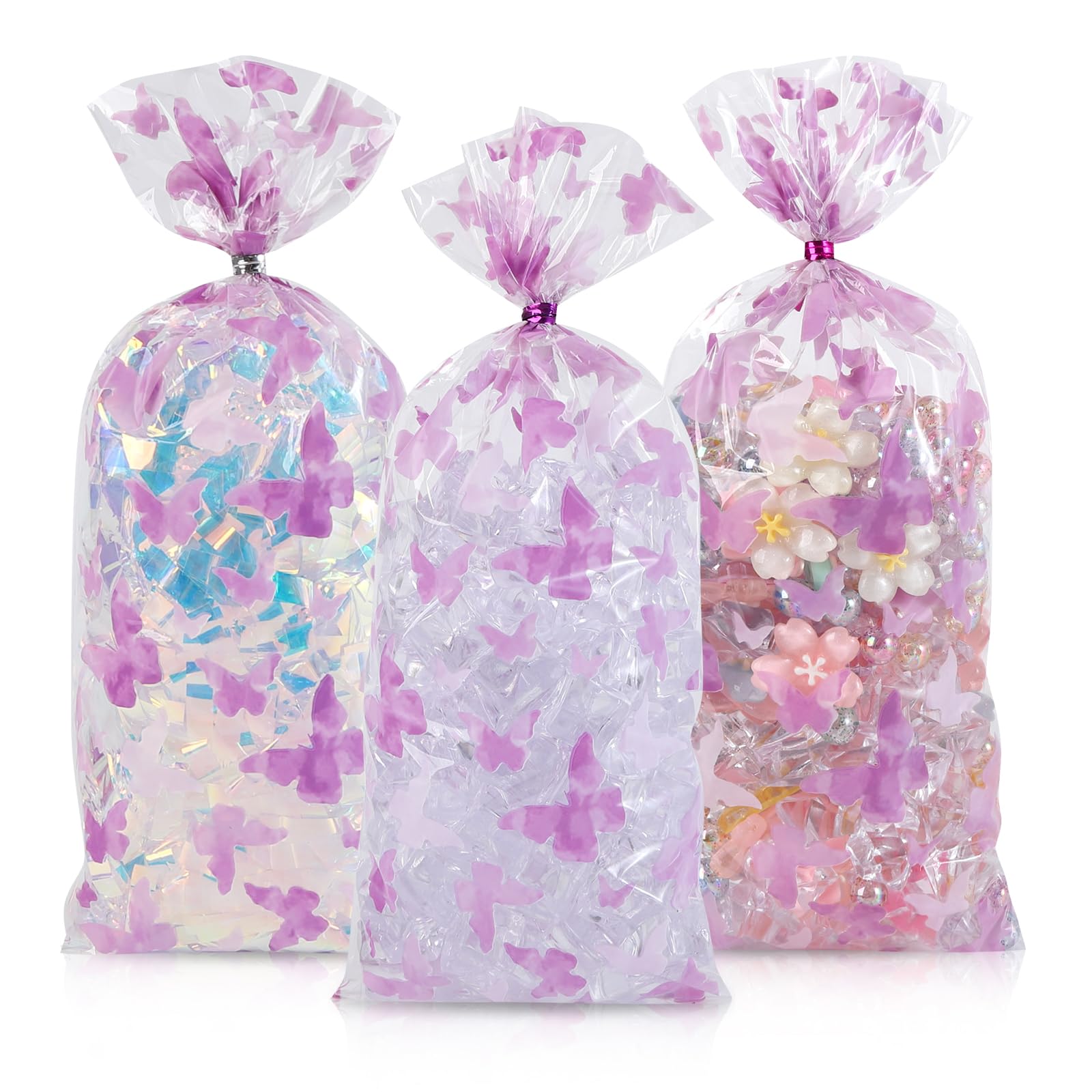 LINMAGCO 100Pcs Clear Cellophane Treat Bags 12.7 x 28 CM with 100 Gold Twist Ties, Purple Butterfly Printed Heat Sealable Food-Safe Gift Bags for Cookies, Bakery, Classroom Gifts, Party Favors