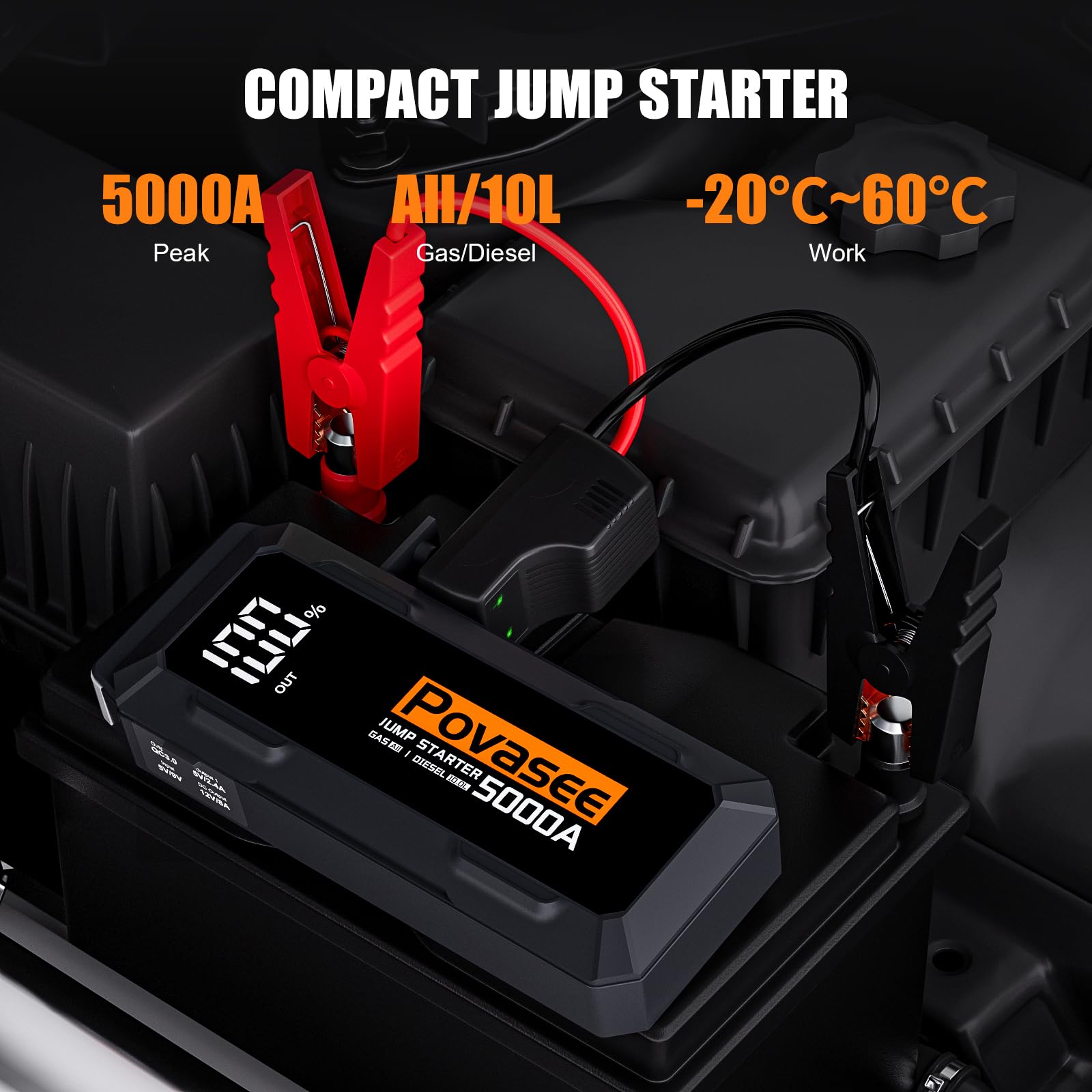Povasee Arrancador de Baterias de Coche, 5000A Arrancador de Coches (hasta Todo Gas/10L Diésel) con 3" Pantalla LCD, Salidas USB Duales y LED, Booster para Vehículos 12V