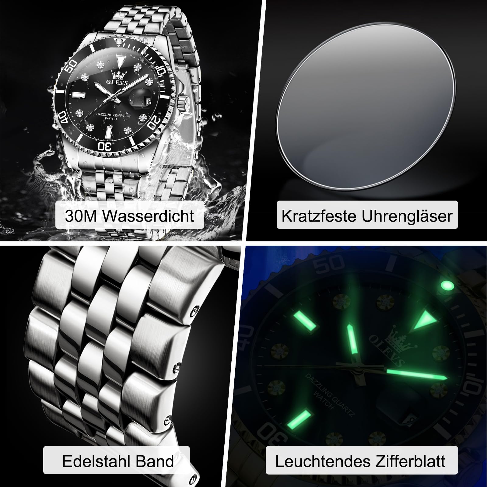 OLEVS Edelstahl Armbanduhr Herren Wasserdicht, Modern Groß Uhr Herren mit Datum, Quarz Analog Leuchtziffern Herrenuhren mit Metallarmband Geschenke für Männer Geschenke