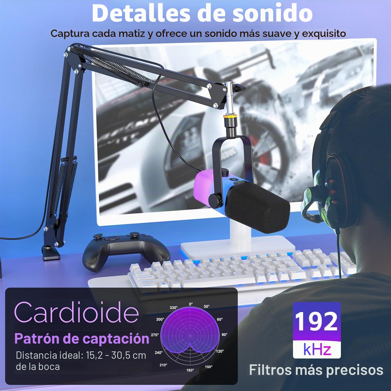 zealsound Micrófono USB Gaming, micrófono PC, micrófono de Condensador para Streaming podcasts grabación ASMR, micrófono con cancelación de Ruido, silenciador, Brazo microfono, *Phone, Windows MacOS