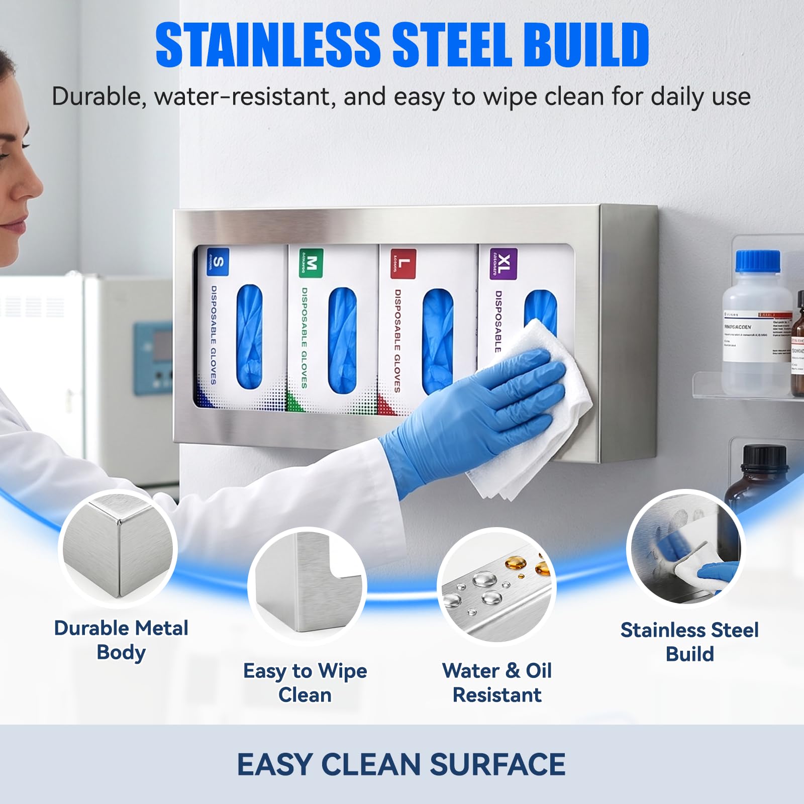 Soporte dispensador de guantera, organizador de 4 cajas montado en la pared con clips de montaje adhesivos, soporte desechable de acero inoxidable para laboratorio, clínica, cocina y taller, 1