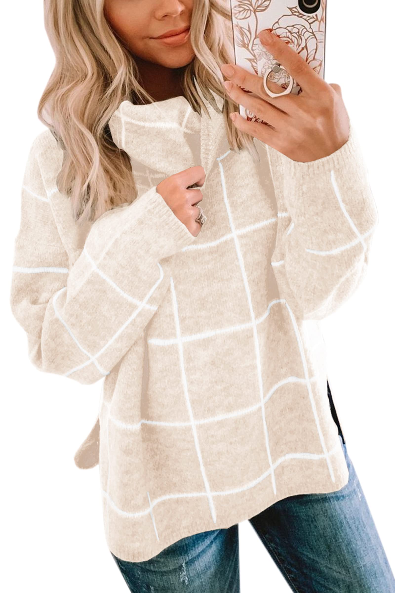 ECOWISH Women Fall Pullover Sweater Turtleneck Plaid Long Sleeve Loose Casual Chunky Checked Knit Winter Sweaters Jumper Tops