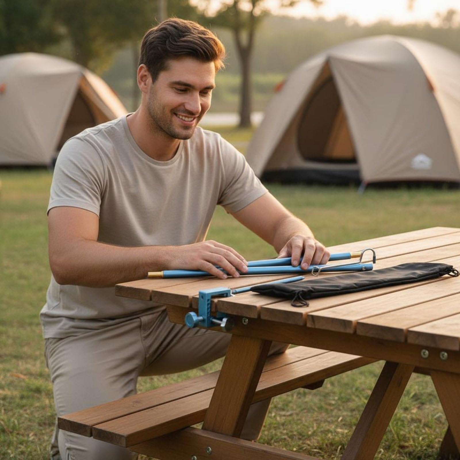 Supporto Lampada Esterno Palo Luce Campo Campeggio Alluminio Accessorio Portatile Pieghevole Regolabile con Ganci Adatto per Campeggio Picnic Viaggi Escursioni Pesca , Blu , Doppio Gancio