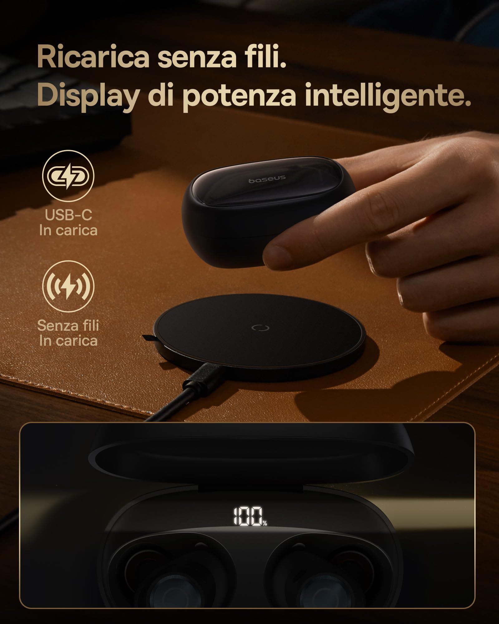 Baseus Cuffie Bluetooth In Ear con Cancellazione Attiva del Rumore Fino al 95%, Bassi Potenti, Riproduzione di 38 0re, Chiamate Chiare, Ricarica Wireless, LED Display, Bluetooth 5.3 - Bowie MA10S