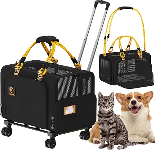 PAWZIDEA Transportador de mascotas grande expandible con ruedas, 24 x 16 x 16 pulgadas para gatos de 2 a 4 gatos de hasta 55 libras, plegable de