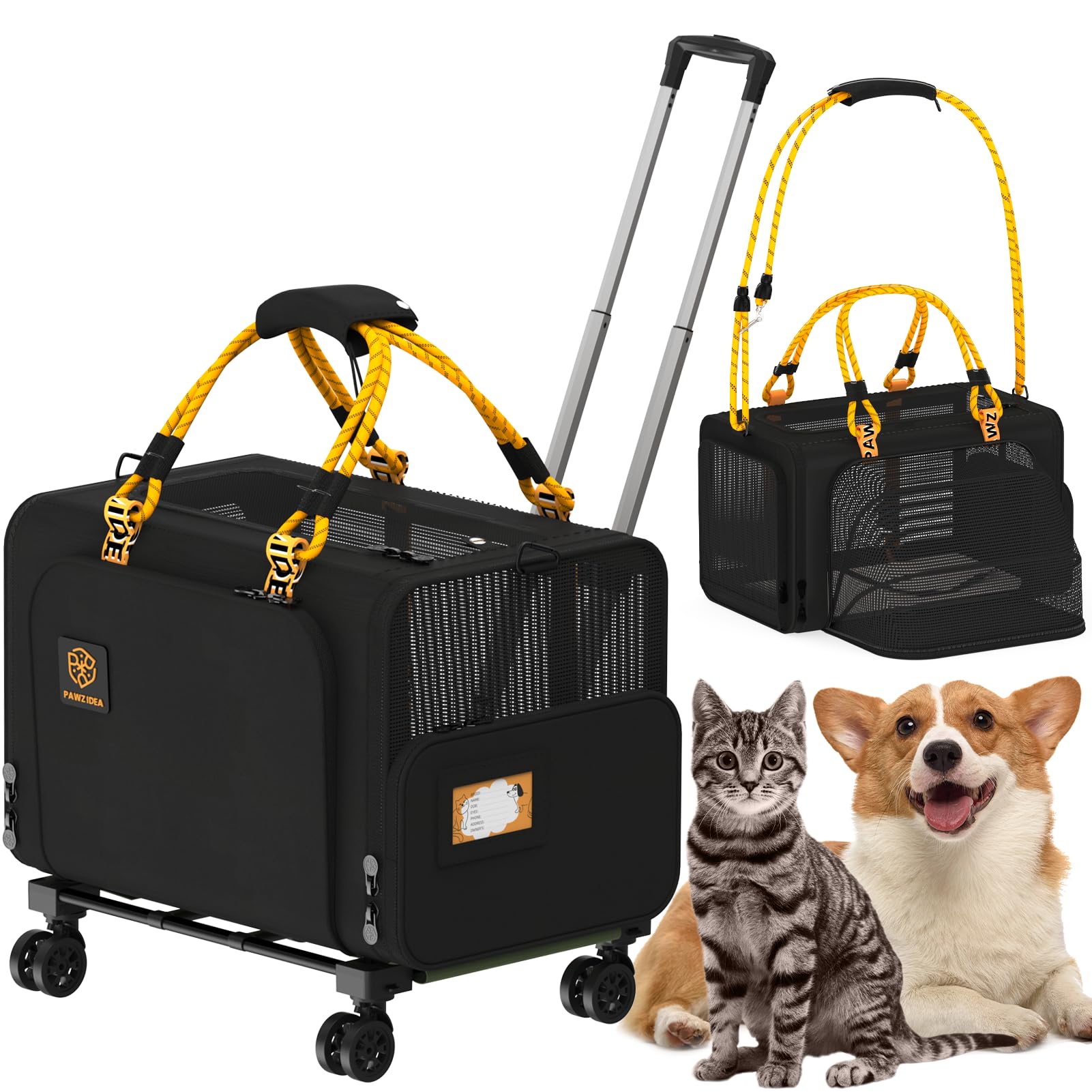 PAWZIDEA Expandable Large Pet Carrier with Wheels, 61x41x41cm in Rolling Cat Carrier for 2–4 Cats up 25kg Soft-Sided Collapsible Small Medium Dog Crate for Car Travel, Telescopic Handle,Storage Pocket