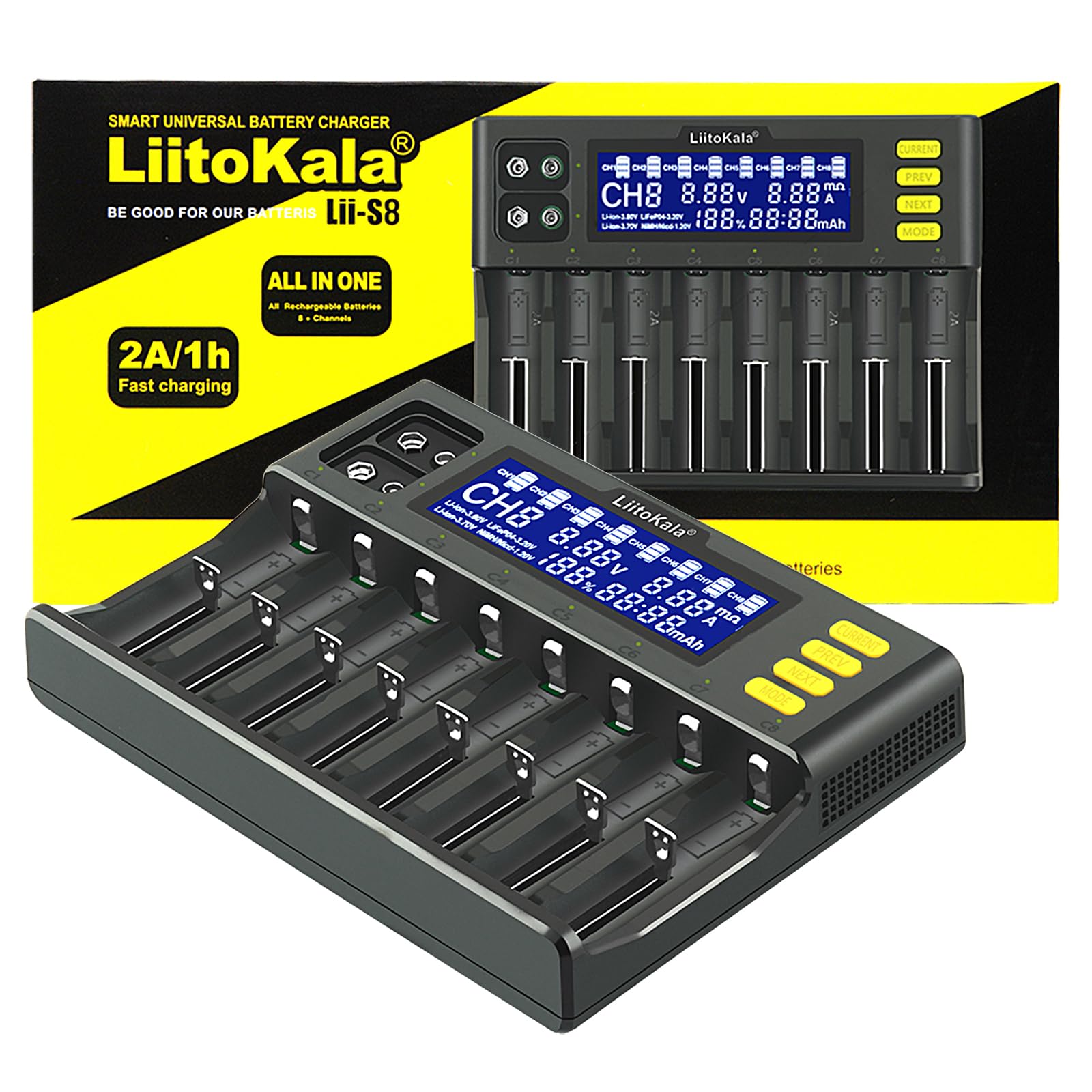 LiitoKala Lii-S8 Caricabatterie rapido con display LCD e controllo touch, 18650 Caricabatterie 9V a 8 slot per Li-ion LiFePO4 Ni-MH Ni-Cd AA AAA C 21700 26650 13650 16340 18700 RCR123