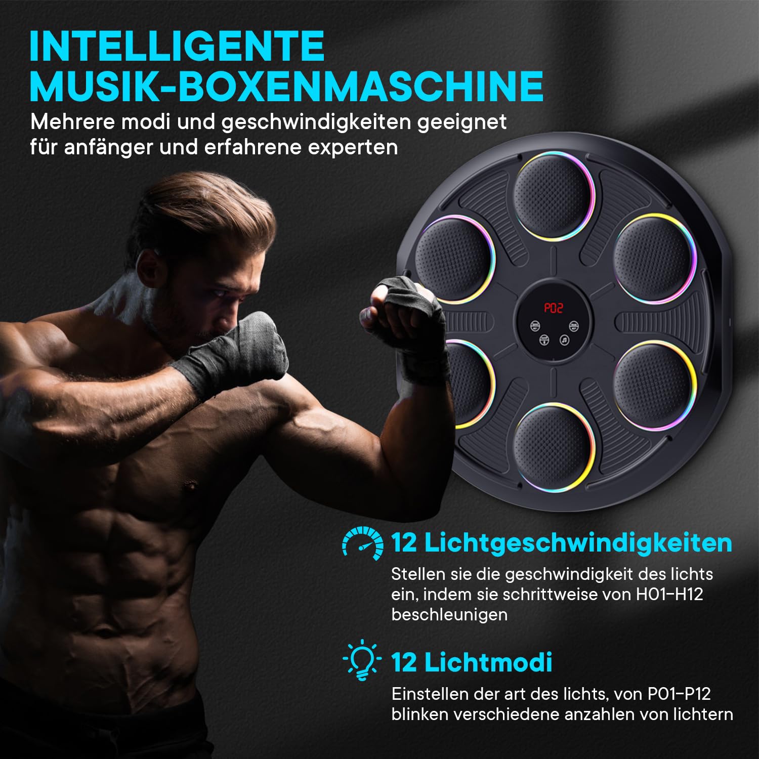 Music Boxing Machine, LED Elektronische Musik Boxing Machine mit MMA Boxhandschuhen, 12 Geschwindigkeitsmodi und Zählmodus Boxing Machine Unterstützt Bluetooth für Kinder und Erwachsene