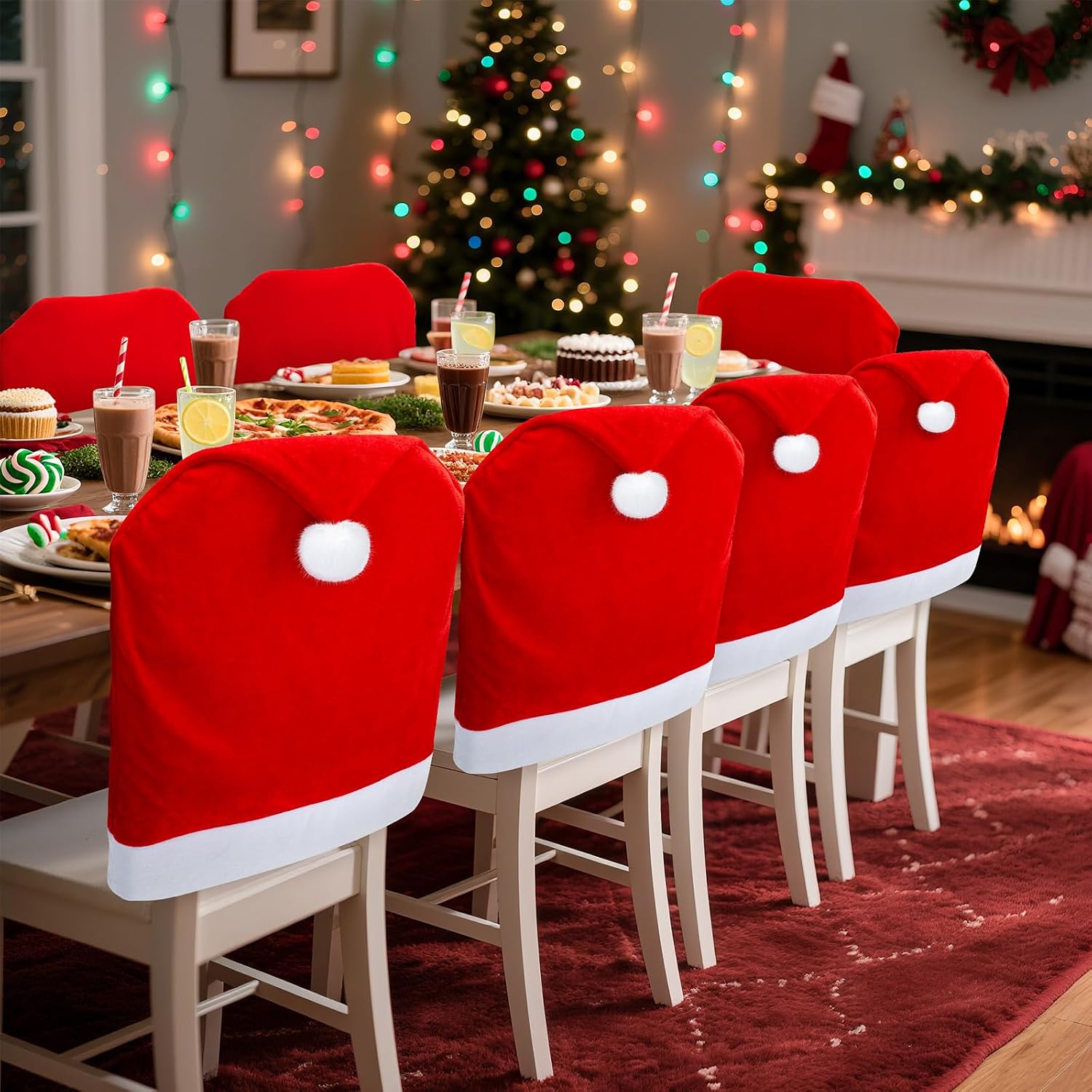 RJVW Christmas Chair Covers of 4, Thicken Santa Hat Dining Room Stool Cover | Soft Xmas Kitchen Chair Covers, Christmas Home Decor for Xmas Indoor Home Holiday Party Decorations.