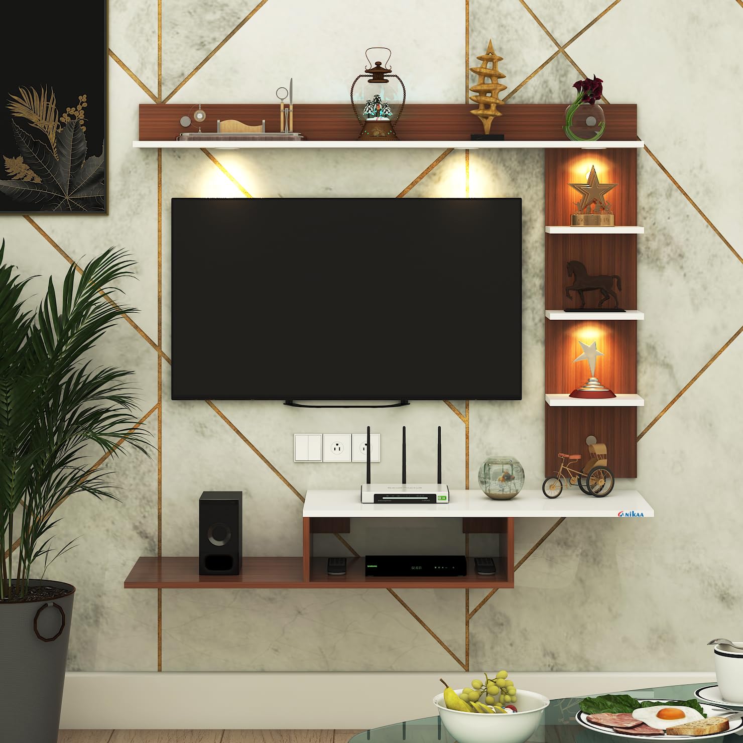Anikaa Wintor Engineered Wood Wall Mounted TV Unit with 4 LED Lights, 3 Open Shelves, 1 Storage Box & Decorative Display Shelf for Living Room | Ideal for Upto 43 Inch TV- Walnut/White(DIY Assembly)-image-27
