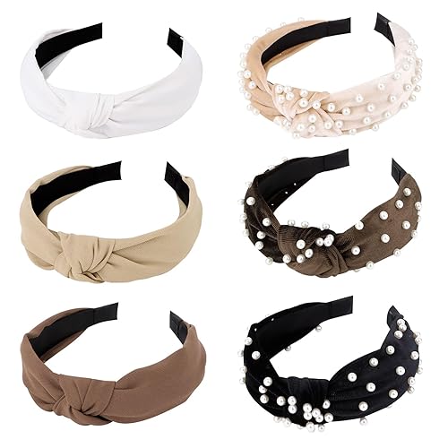 YISSION 6 diademas anudadas para mujeres y niñas, diadema ancha antideslizante con perlas, bandas de terciopelo para la cabeza, diadema con nudo