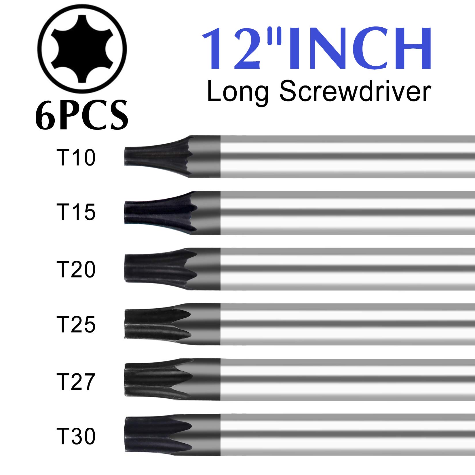Set di cacciaviti Torx da 30,5 cm, T10-T30, più cacciaviti a stella lunga, set con magnete/strumento di degradazione, 6 pezzi