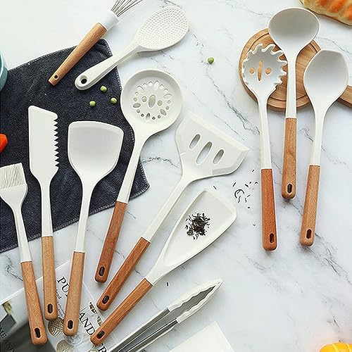 Miniatura 2 de Snplowum 1 cucharón de sopa de silicona blanca con mango de madera, utensilios de cocina resistentes al calor, cuchara grande antiadherente para