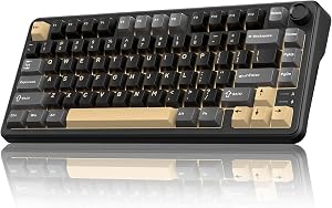 Clavier mécanique sans fil RedThunder K75, bouton rotatif CNC, Tri-mode BT5.0/2.4GHz/USB-C, personnalisable à chaud, interrupteurs linéaires pré-lubrifiés en noix de coco, structure en joint, Clavier de jeu RGB, Noir-Doré