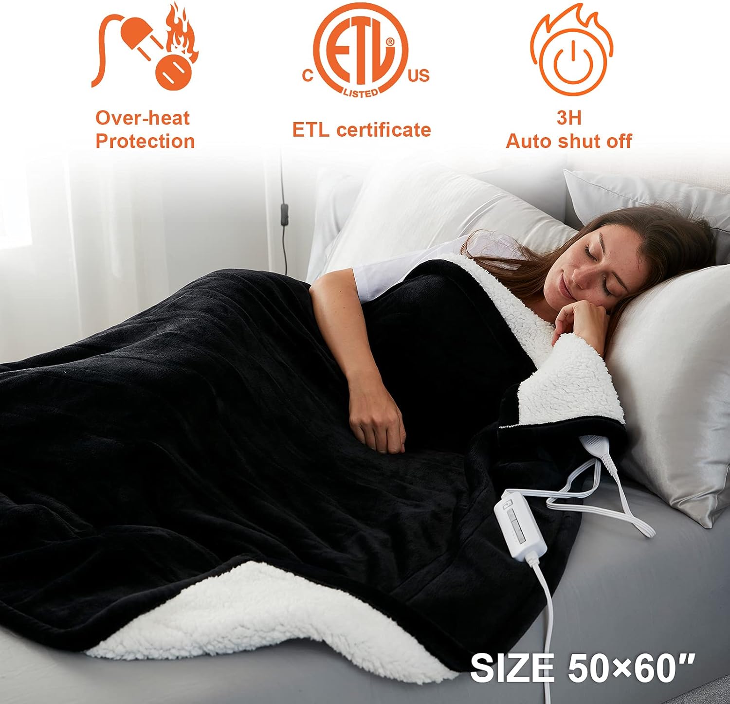 EHEYCIGA Heated Blanket Electric Throw with 5 Heating Levels & 3 Hours Auto Off, Super Cozy Fluffy and Machine Washable Sherpa Electric Throw with Fast Heating for Couch (50 x 60 Inches, Black) : Home & Kitchen
