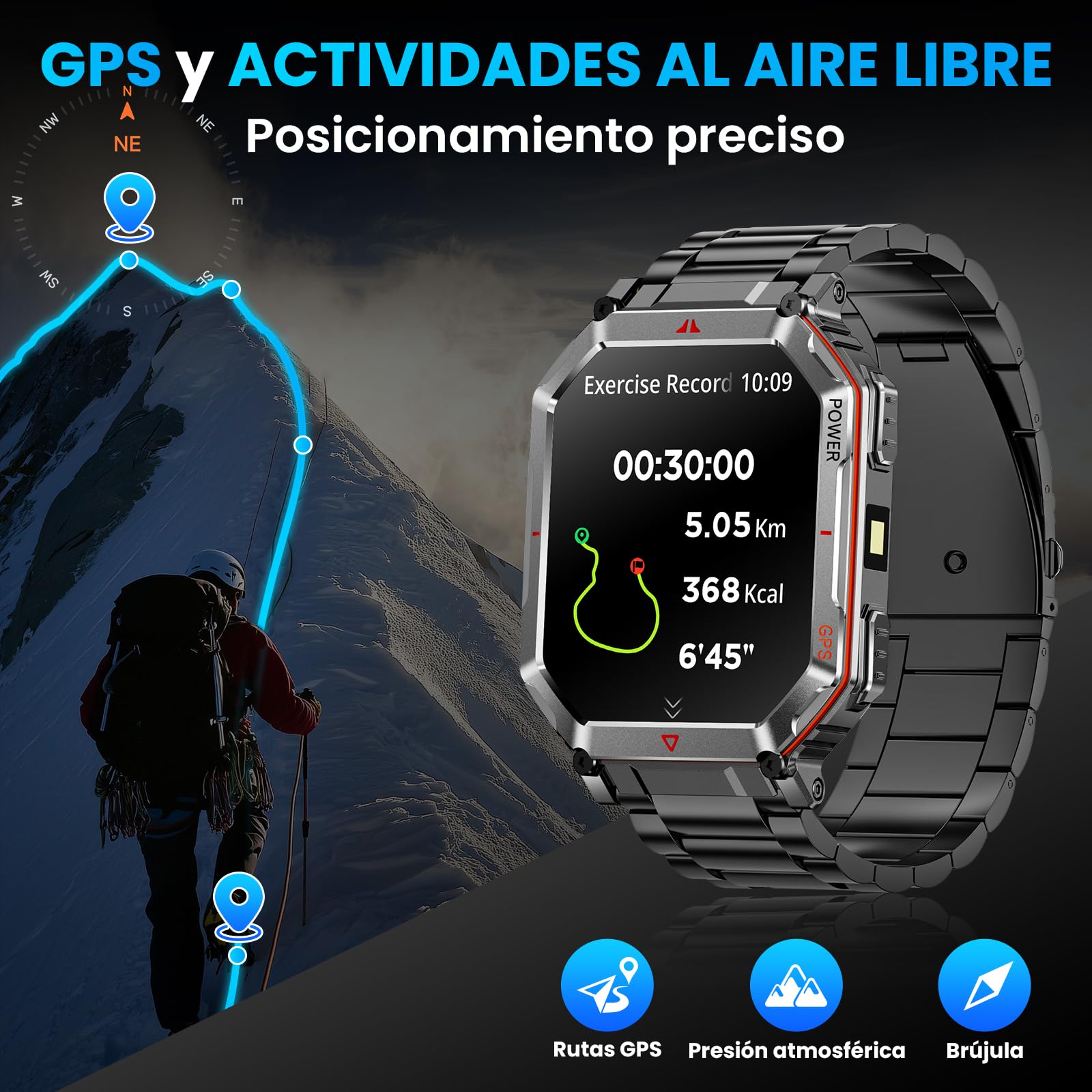 Reloj inteligente militar para hombres Banda de acero, con GPS / brújula, 2.01 "HD Asistente de voz GPT Bluetooth, con linterna led, múltiples modos deportivos, Compatible con Android y iOS (Negro)