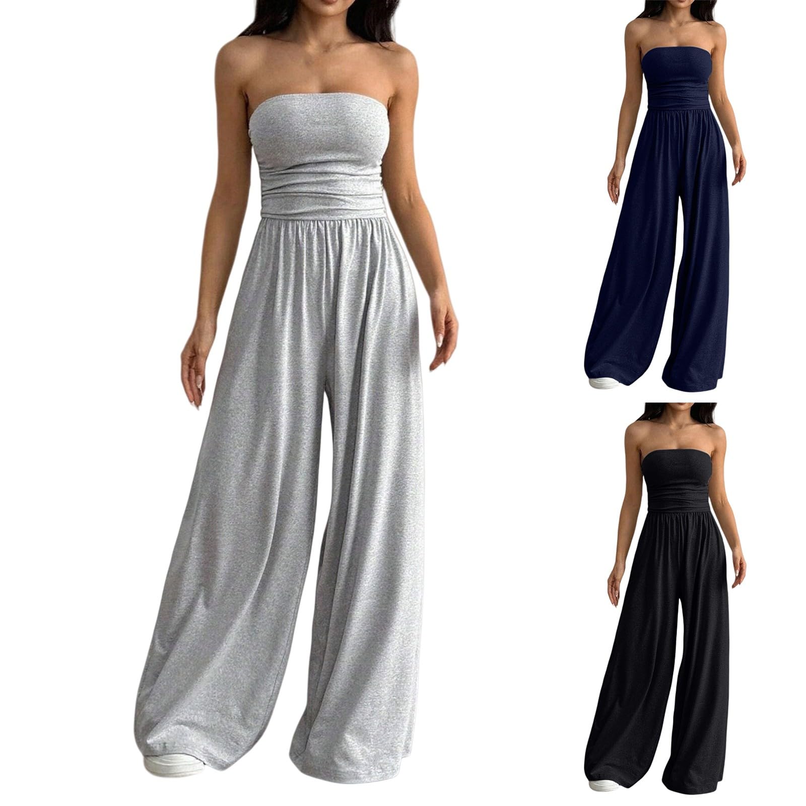 Generisch Mono elegante sin tirantes para mujer, mono bandeau monocolor con hombros descubiertos, una pieza, pierna ancha, traje de pantalón largo, traje de cintura alta, oversize holgado, mono de