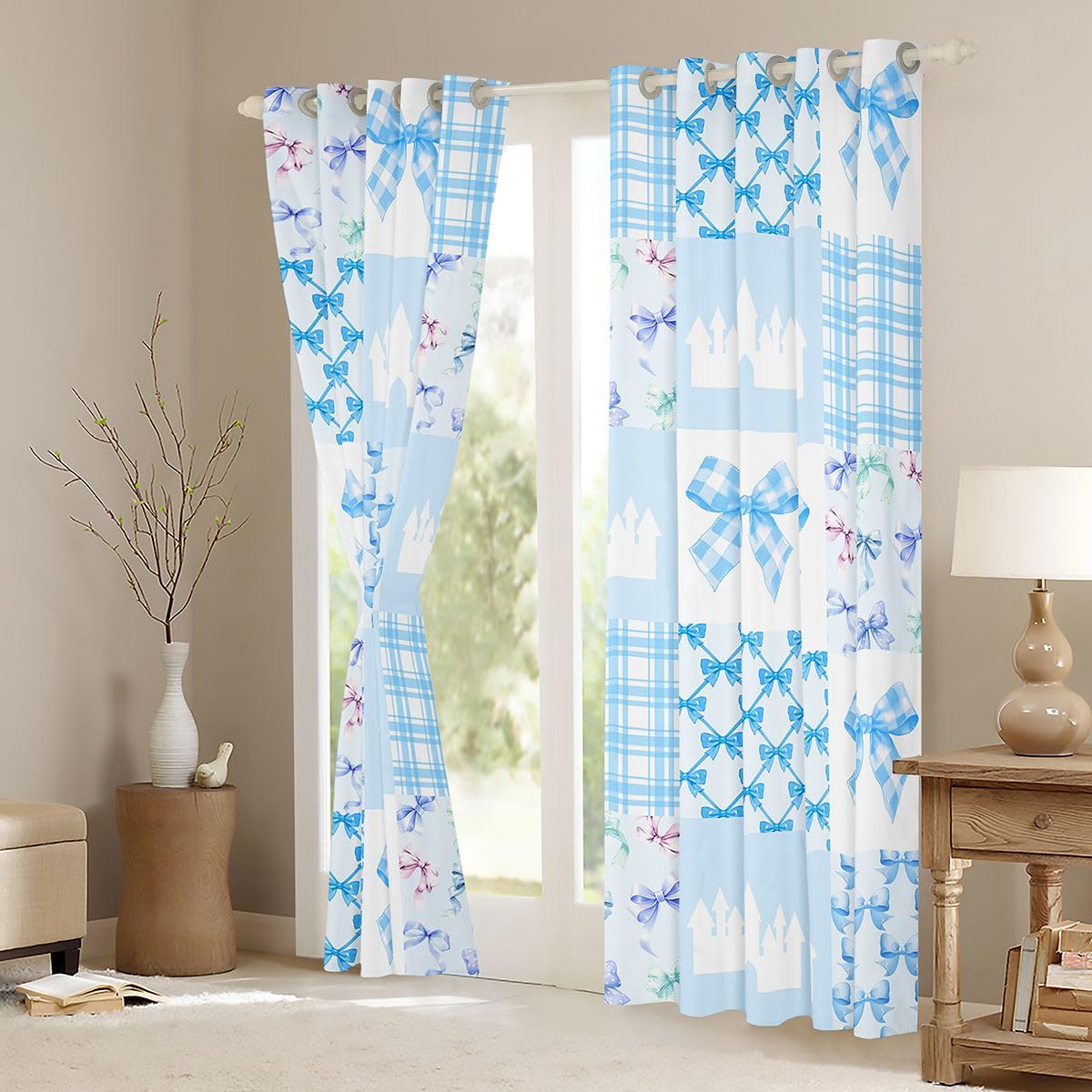 Homewish Kawaii zasłony okienne z kokardą, 132 x 160 cm, 2 zestawy paneli – wstążka kokarda zasłony zaciemniające dla nastolatków, uroczy zamek, zasłony okienne, muszka do sypialni