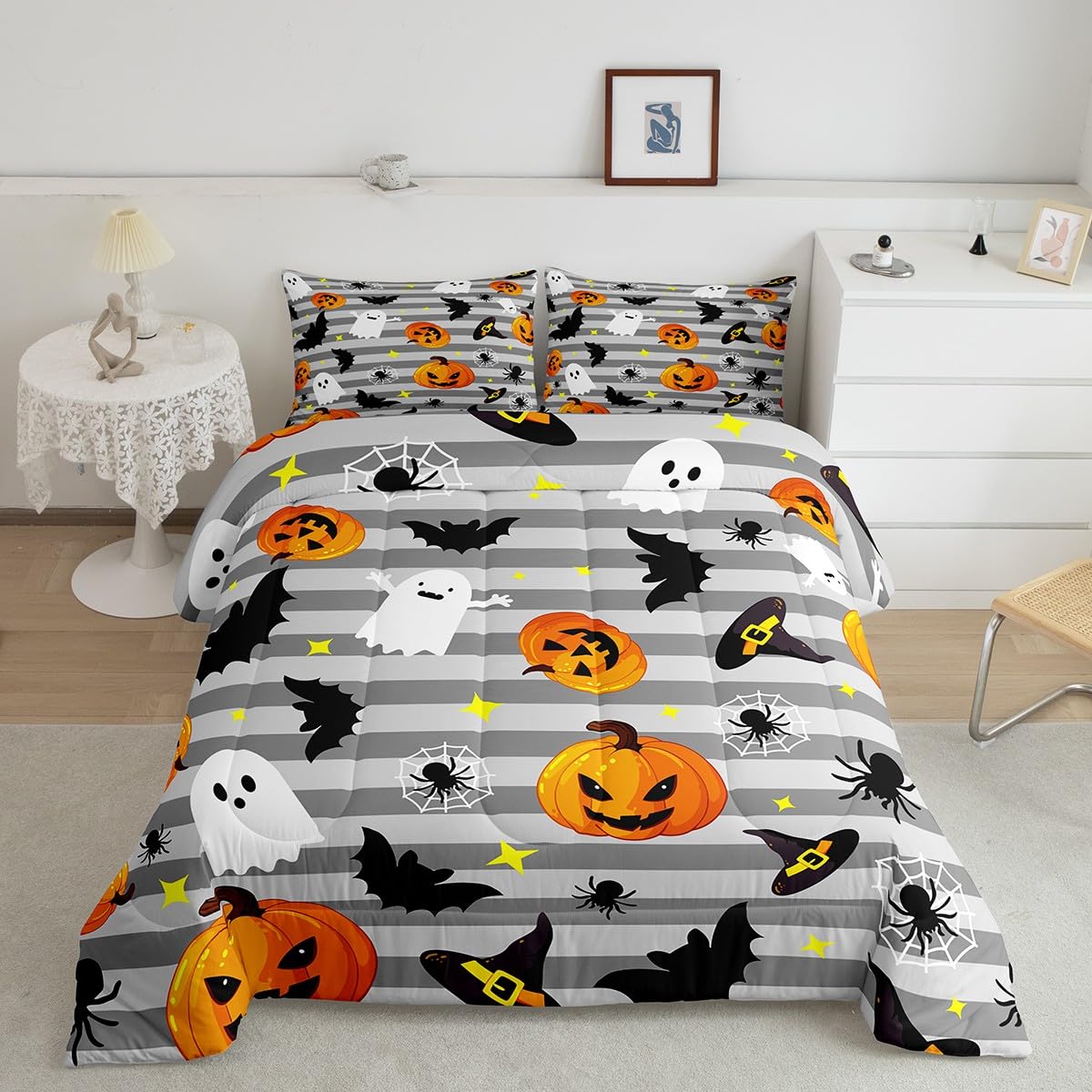 Manfei Halloween Comforter Set Full Size, Ghosts Pumpkin Lantern Bats Spider Bedding Set 3pcs for Kids Boys Bedroom Decor, Grey Stripe Quilt Set Soft Polyester Duvet Set with 2 Pillowcases