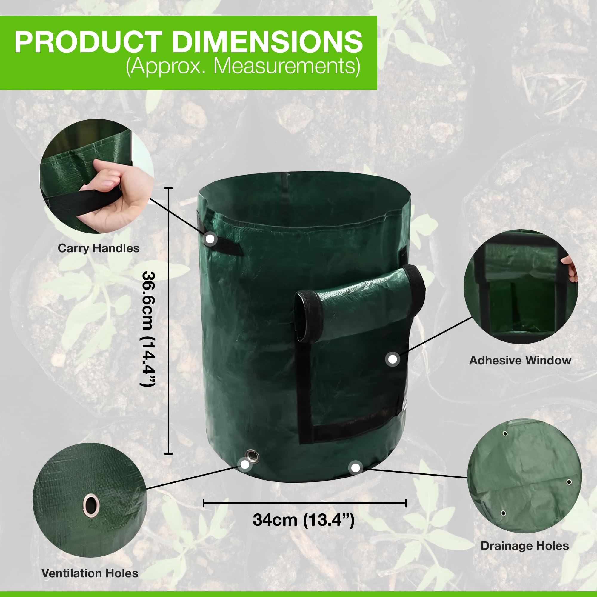 4 Planter Grow Bags 7 Gallons, 28L Capacity, With Drainage Holes, Carry Handles, Hook n Loop Open Compartment, Heavy Duty - Image 2