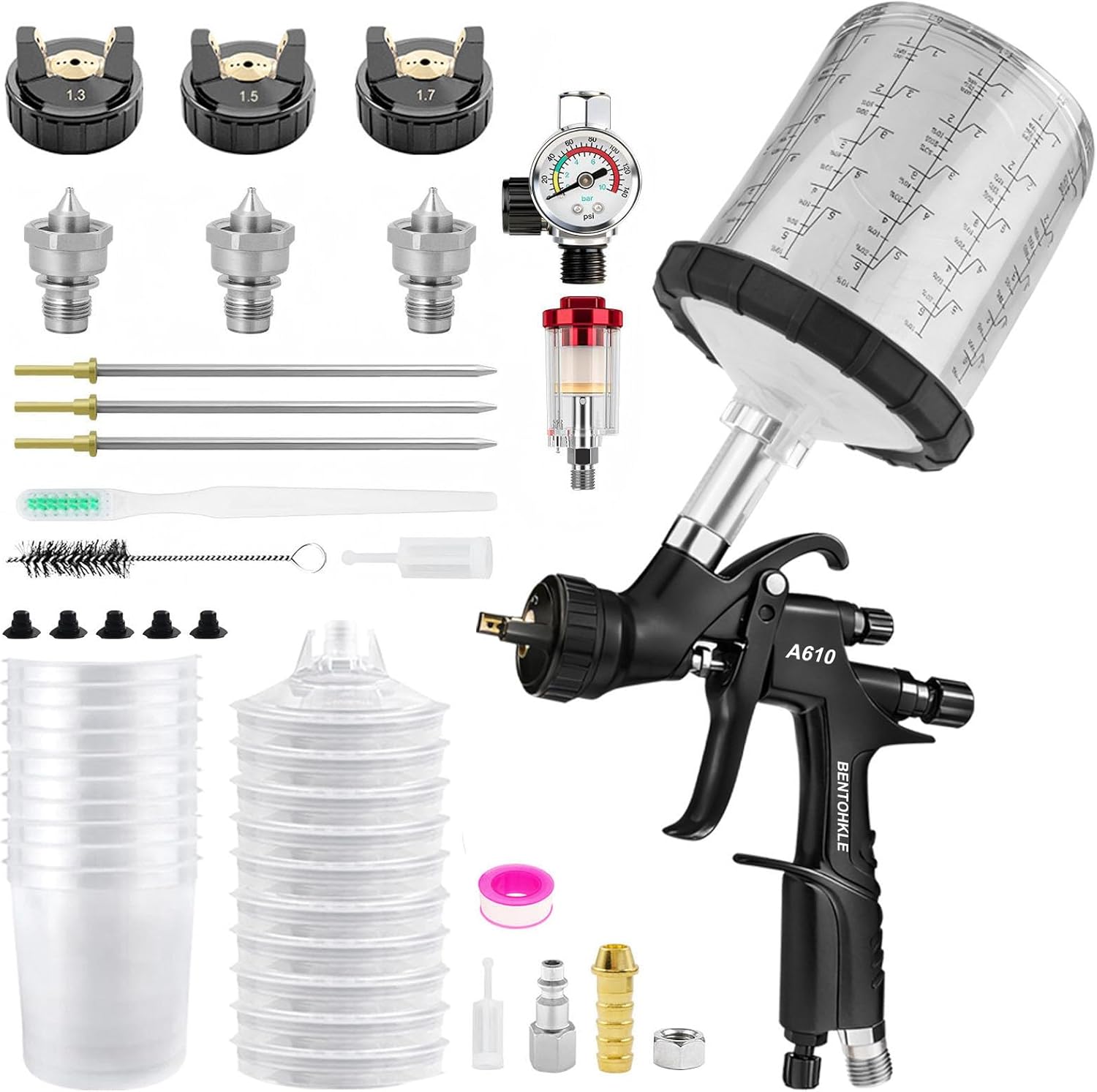 R500 LVLP Air Spray Gun with 1.3/1.5/1.7mm Nozzles & Air Regulator, A610 Paint Guns Automotive Premium Kit LVLP Paint Gun Sprayer for Cars, House Painting, Clear&Top Coat