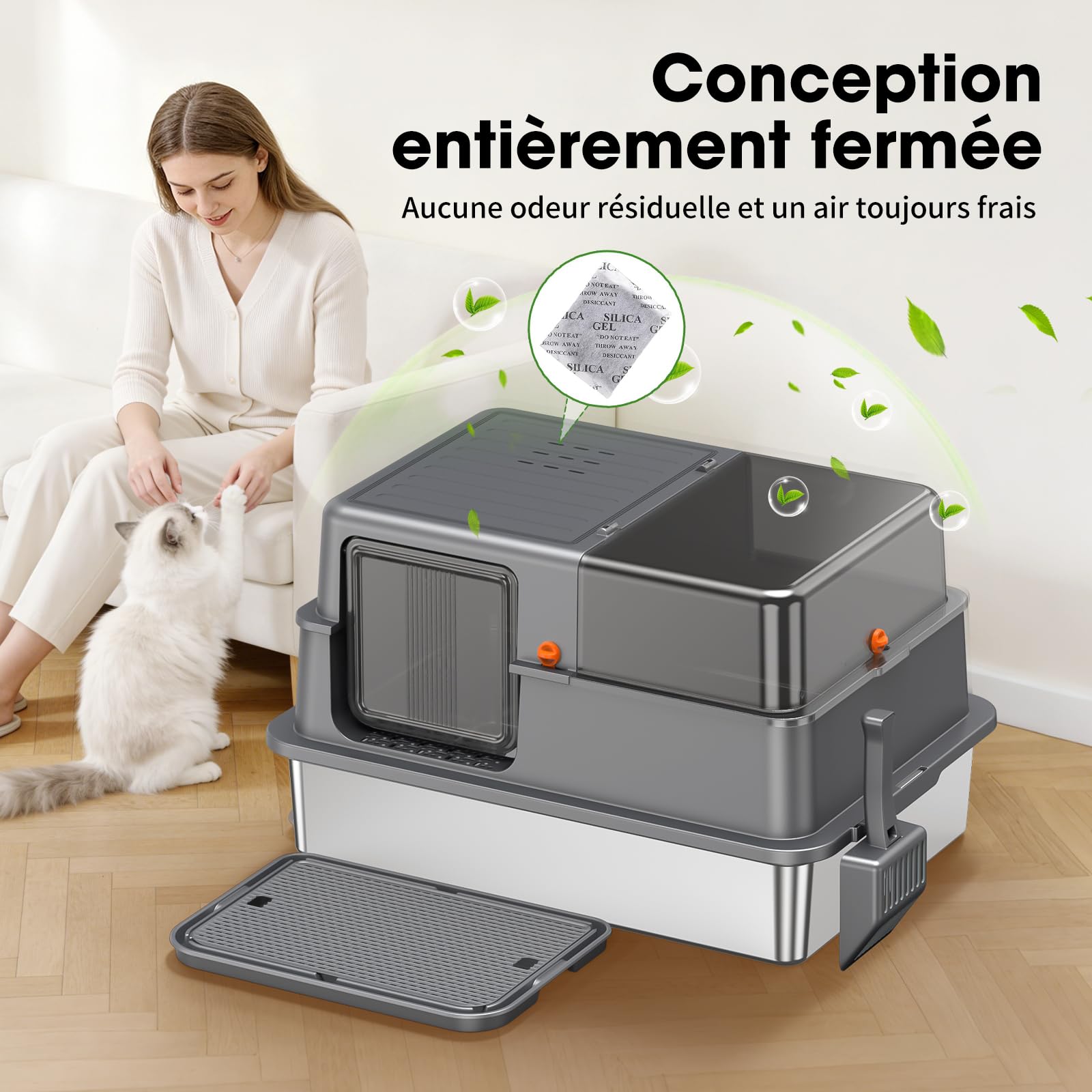 Bac à Litière INOX XXXL – Grand Bac Ouvert pour Chat, Gris foncé | Bords Hauts Anti-Fuite, Panneaux Semi-Transparents, Cuve Profonde Amovible, Surface Antiadhésive, Nettoyage Facile