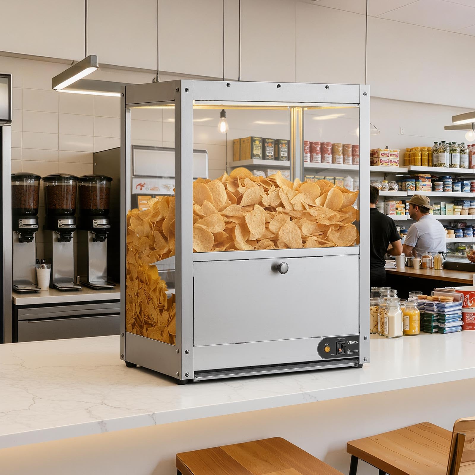 VEVOR Vitrine Chauffante 80 L, Chauffe-Nachos avec Base et Lampe Chauffante, pour Chips de Pomme de Terre Popcorn Cacahuètes Stade Cinéma Supérette Cafétéria Bar à Snacks, Présentoir à Chaud en INOX