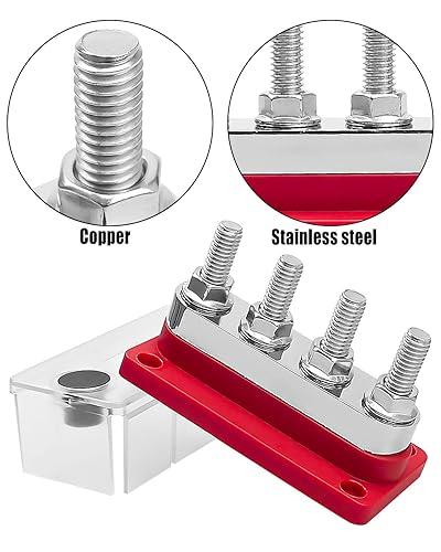 Miniatura 10 de Barra de bus resistente 12-48V 600A Max, 4 pernos M10 (38 pulgadas) Bloque de terminales de barra colectora de cobre de alta corriente con cubierta