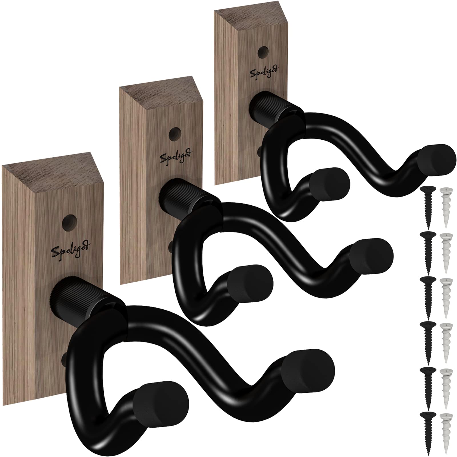 Guitar Wall Mount Hanger 3 Pack, Guitar Hanger,Black Walnut Guitar Hook Holder Stand for Acoustic Electric Bass Guitar Ukulele Mandolin at Home, Studio