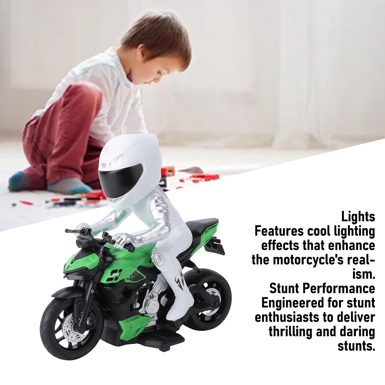 Moto Télécommandée, Moto RC Haute Vitesse Cascade avec Figurine, Effets Lumineux RGB et Moteur électrique, Jouets Rechargeables pour Enfants de 4 à 12 Ans (Green)