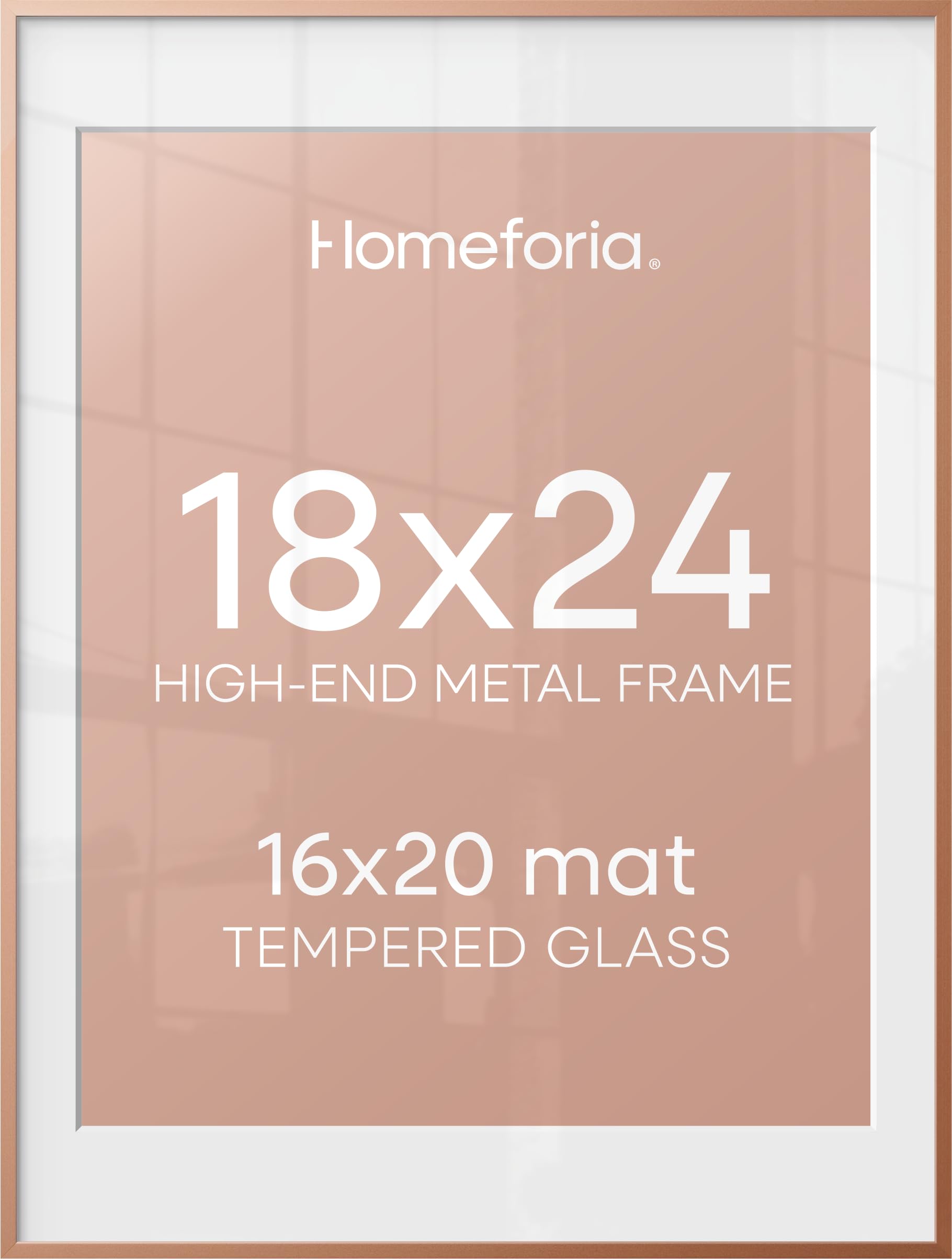 Homeforia 18x24 Frame Rose Gold, High End Metal 18x24 Poster Frames with Mat 16x20 inch Photo, 18 x 24 Rose Gold Picture Frame Matted to 16 by 20 Print, 24x18 Frame, Tempered Glass, Wall Kit, Set of 2