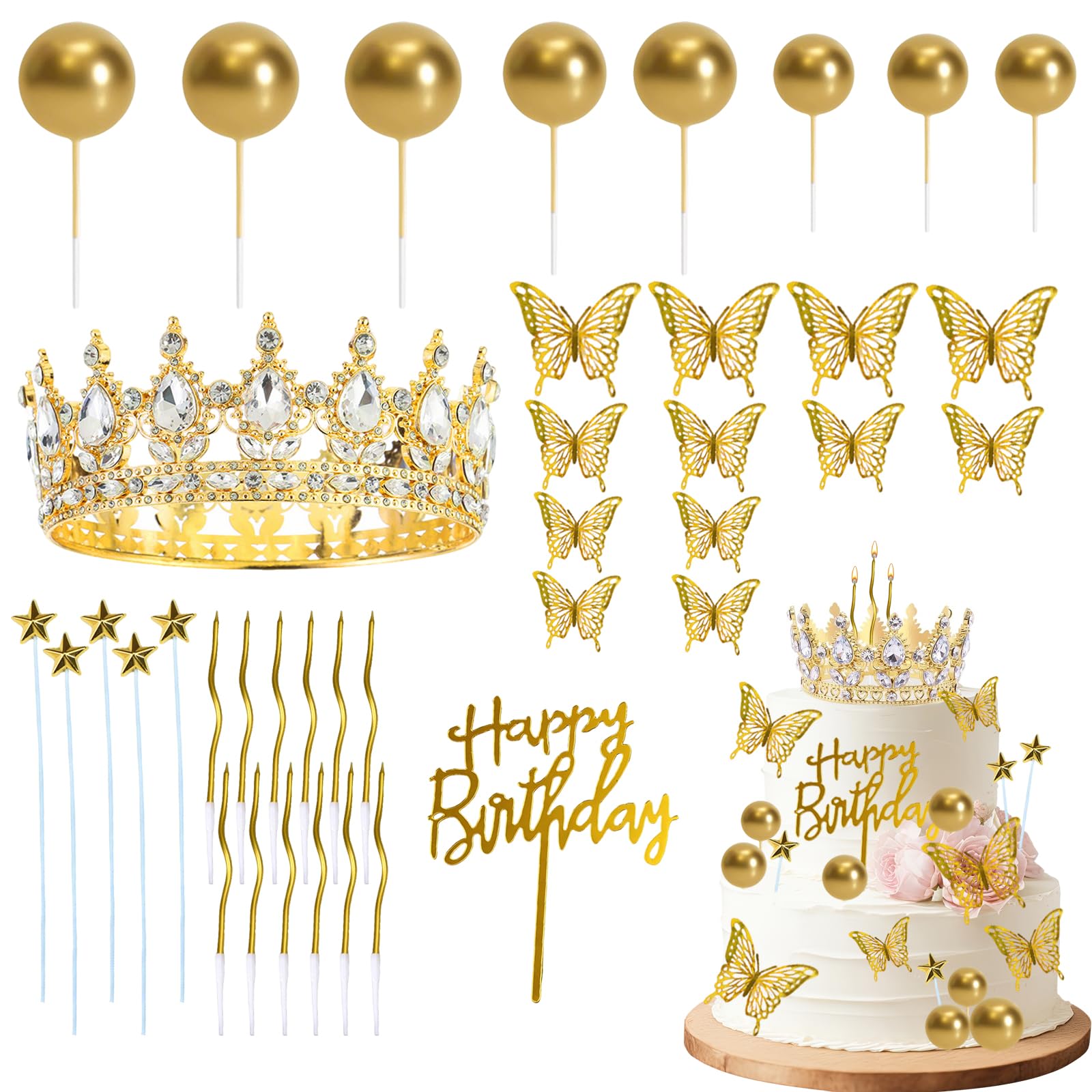 TENGWA 40 PCS Crown Cake Topper 3D Golden Crown Cake Topper Includes Butterflies Stars Candles etc for Women Princess for Bridal Wedding Birthday Parties Proms