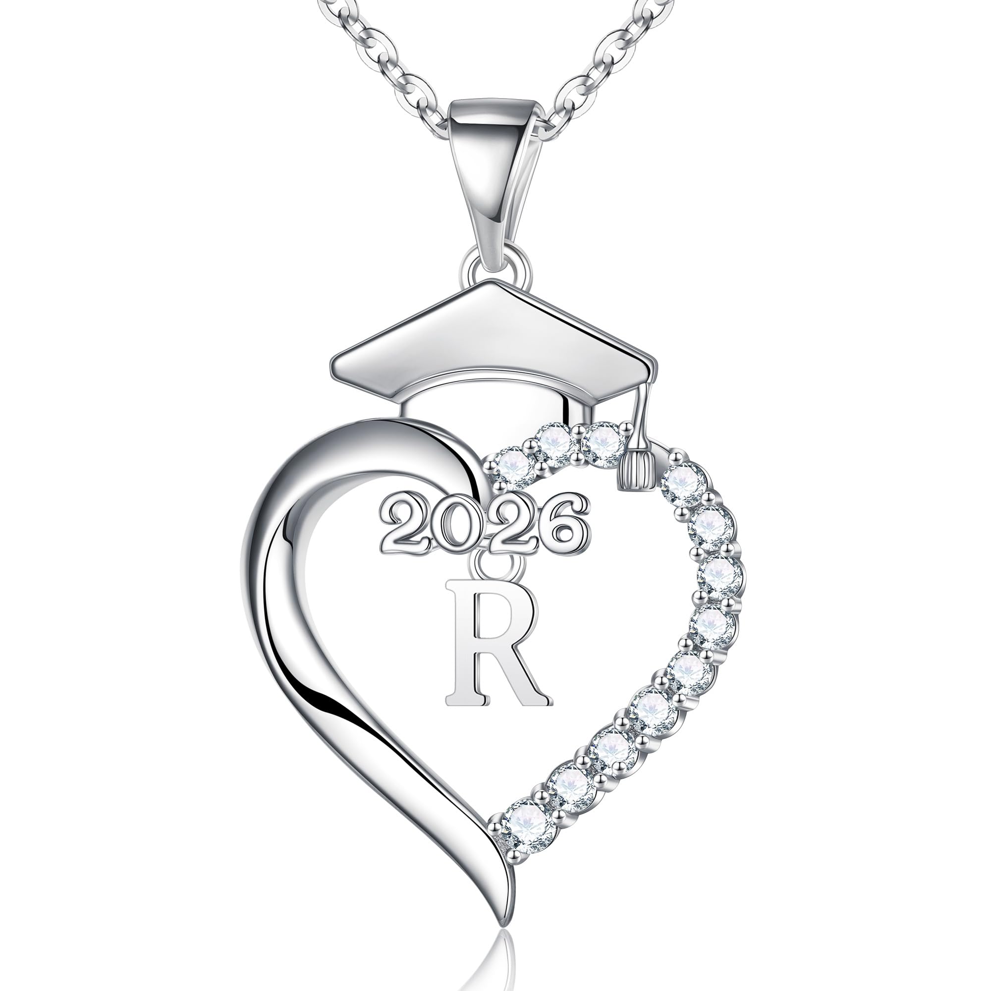 Turandoss Graduation Gifts for Women - S925 Sterling Silver CZ Class of 2026 Letter Necklace Graduation Cap Pendant Heart Initial Necklaces for Women