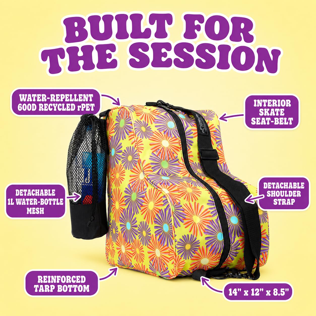 Fydelity Cute Roller Skate Bags for Women; Ideal Quad Roller Skate Bag or Roller Skate Bags for Girls; Use as Ice Skating Bag, Figure Skating Bag, Ice Skate Bags for Girls w/Clip-On Water Bottle Bag
