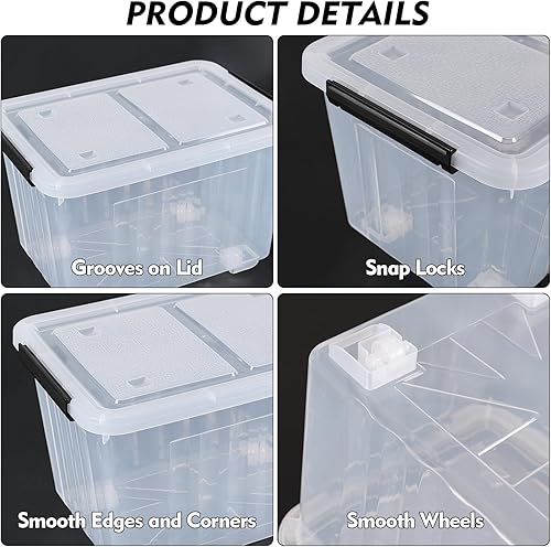 Miniatura 3 de Paquete de 4 contenedores con cierre de 30 litros con tapas y ruedas, cajas de almacenamiento de plástico grandes, contenedores apilables