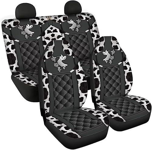 Miniatura 4 de Howilath Juego completo de 4 fundas de asiento de automóvil con estampado de vaca, protector de banco dividido delantero y trasero, ajuste universal