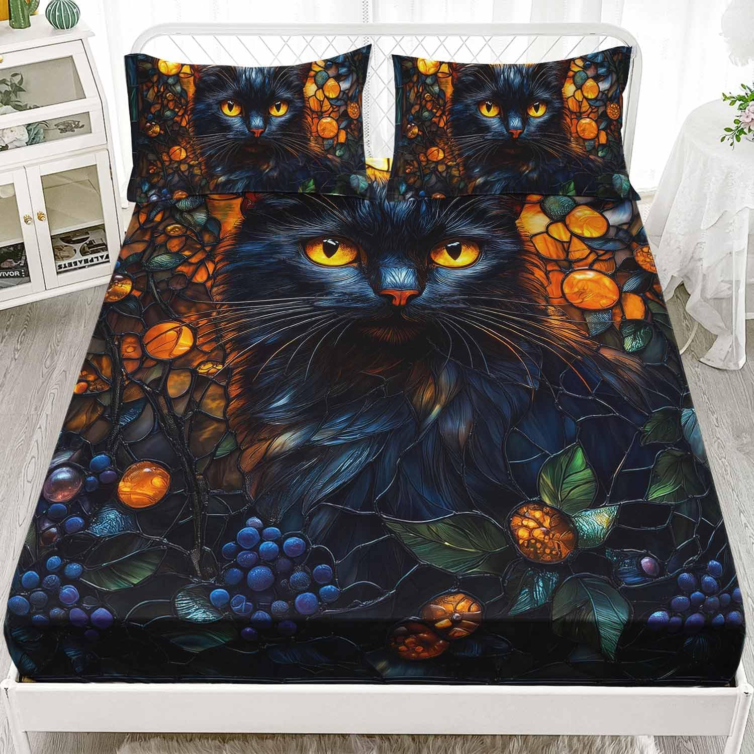 AILONEN Black Cat Bedding Set Twin XL Size,Gold Eyes Cat Sheet Set,Goth Floral Animal Printed Soft Fitted Sheet with 2 Pillowcases,3 Pieces