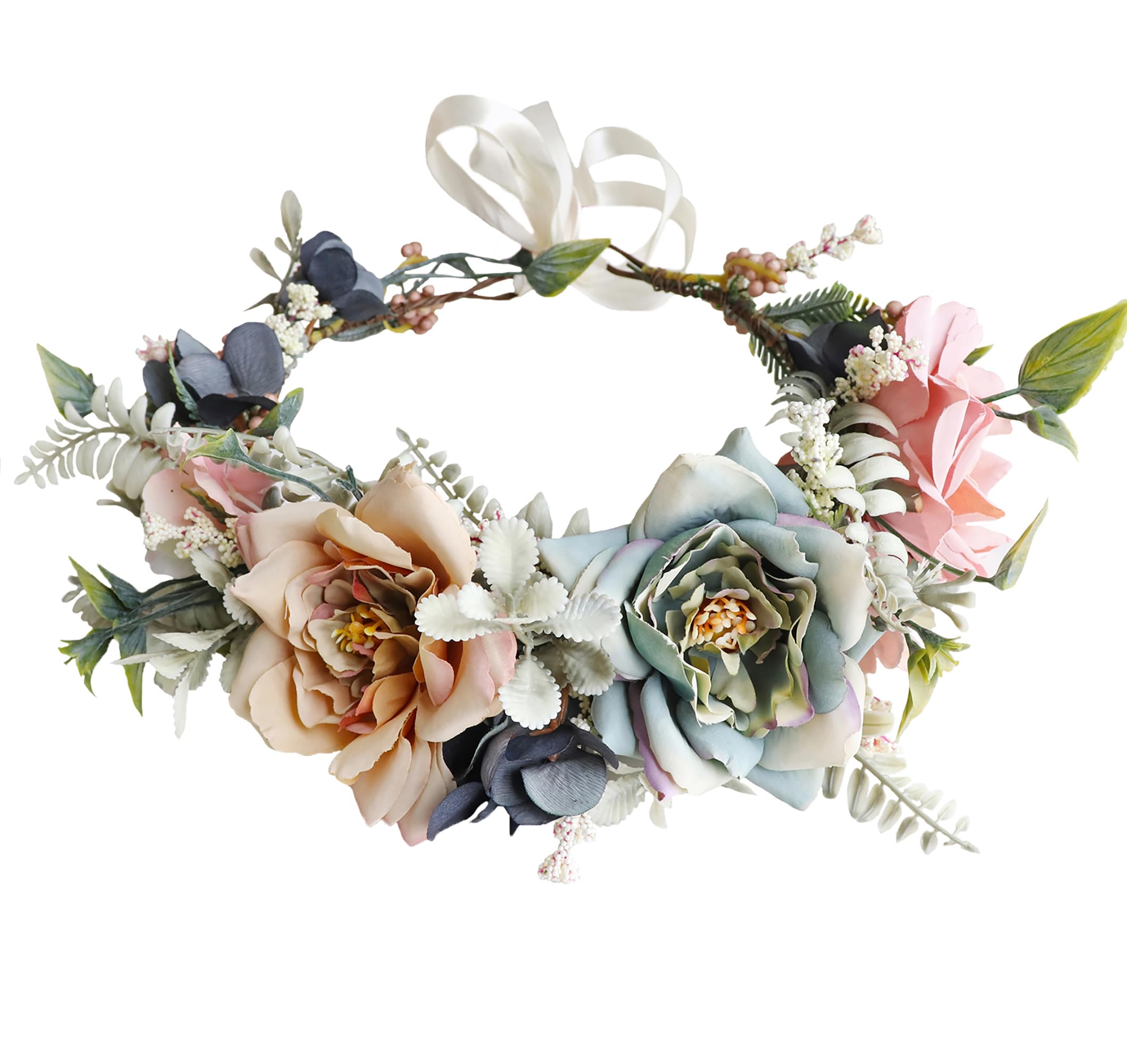 BrikuinrAdjustable Flower Crown Floral Wreath Headband Hair Wreath Flower Halo Floral Headpiece Boho with Ribbon Wedding Party Festival