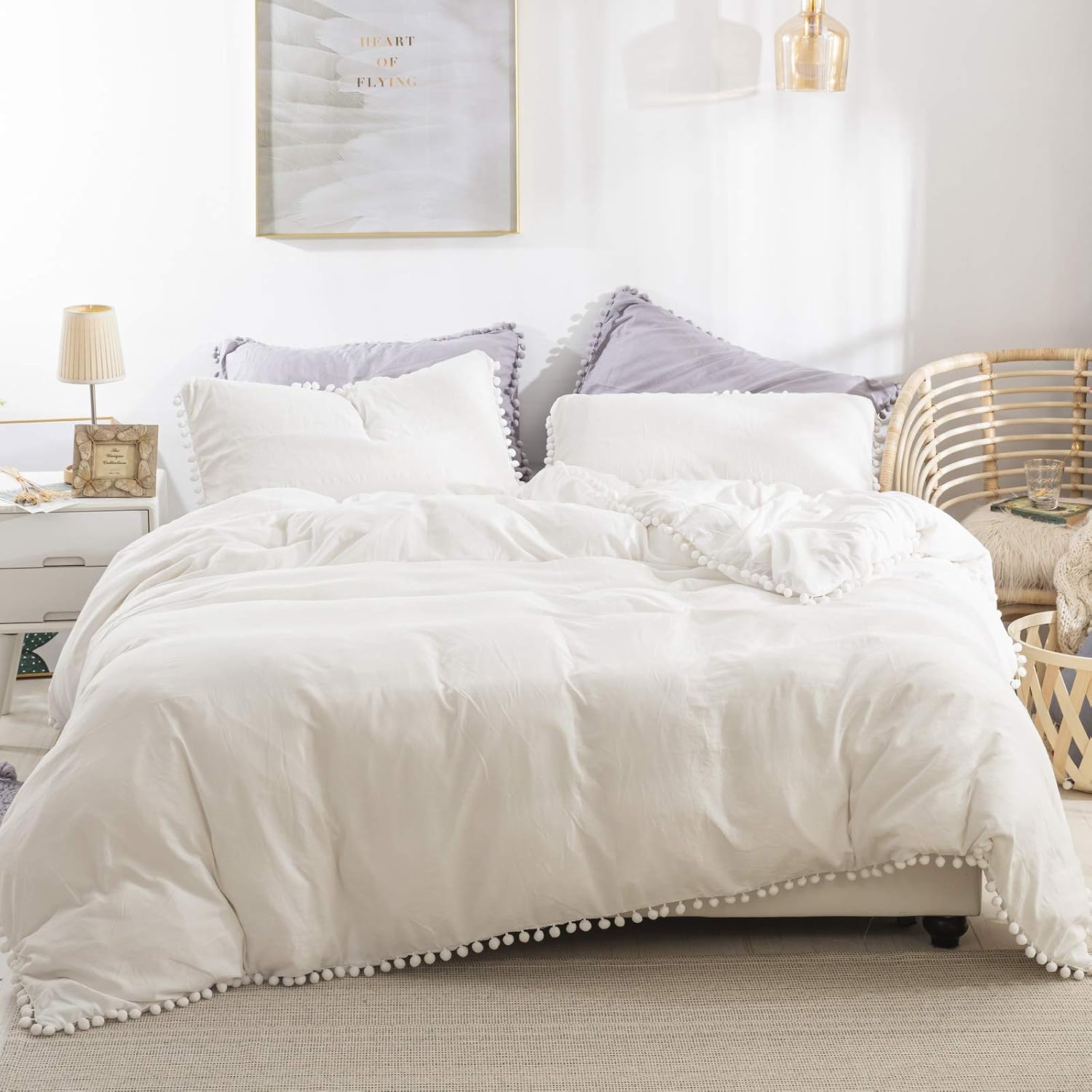 White Duvet Cover Double Size 3 Piece Pompoms Soft Microfiber Tassels Design Plain Colour 4 Seasons Bedding Set - Image 3