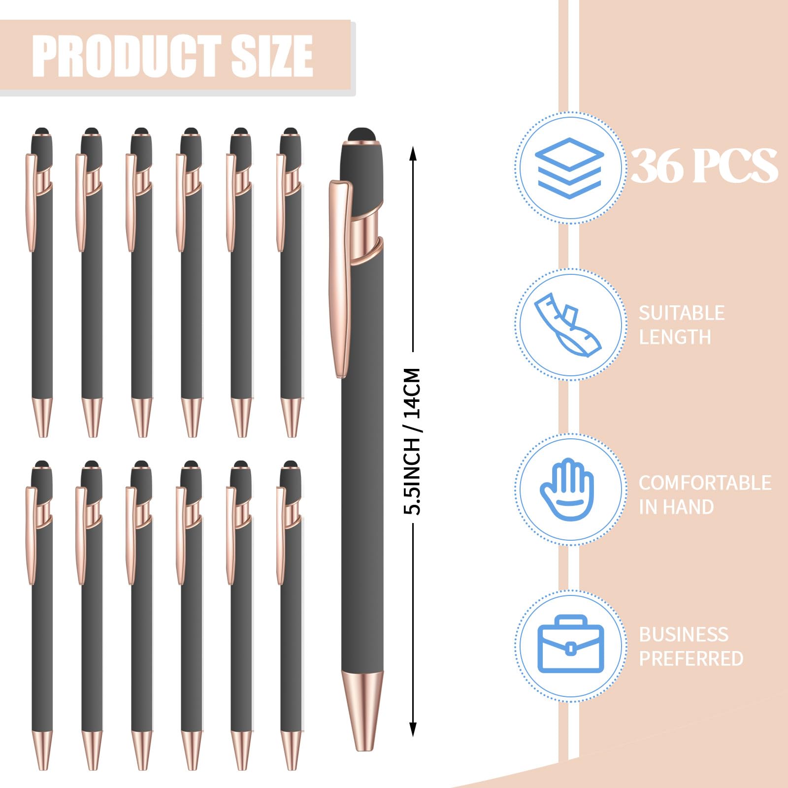 36 penne a sfera con inchiostro blu, con stilo, penna a sfera 2 in 1, per touch screen, scuola, ufficio, colleghi (grigio oro rosa)