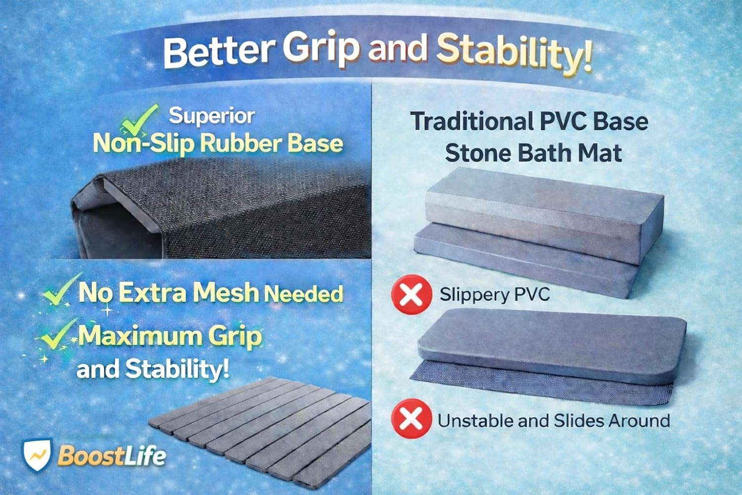 BOOSTLIFE Large Stone Bath Mat, Foldable Diatomaceous Earth Shower Mat – Quick Dry, Super Absorbent, Non-Slip, Easy Clean (Gray, 28" x 17")