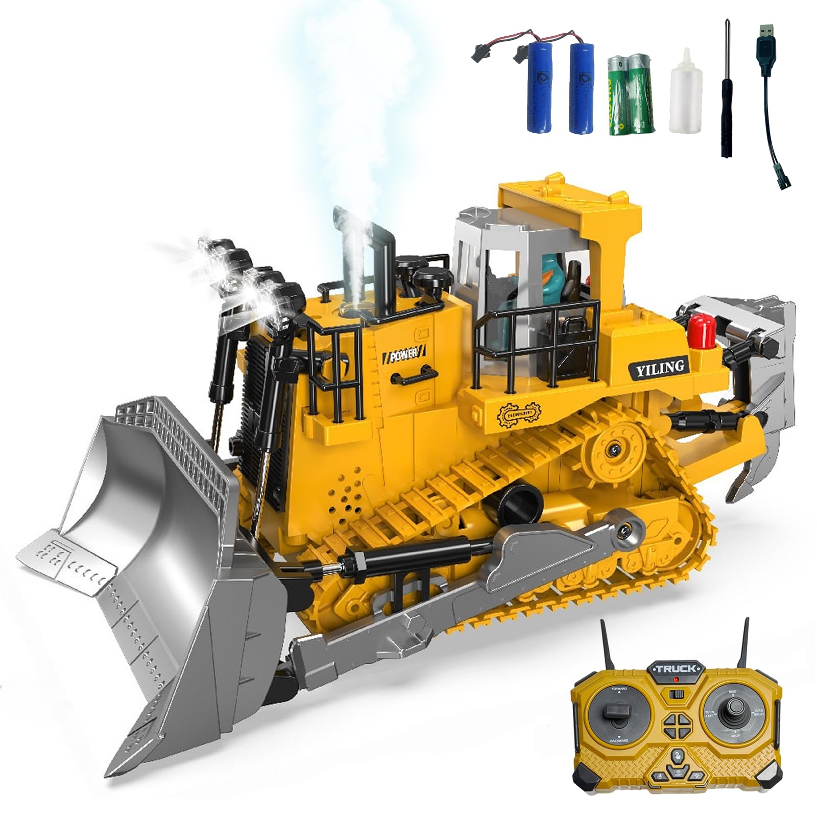 Escala1:16 11Canales Bulldozer teledirigido completamente funcional RC oruga con luz y efectos de sonido y spray; Niños 4 y 12 años Masculino Juguetes Regalo Pascua