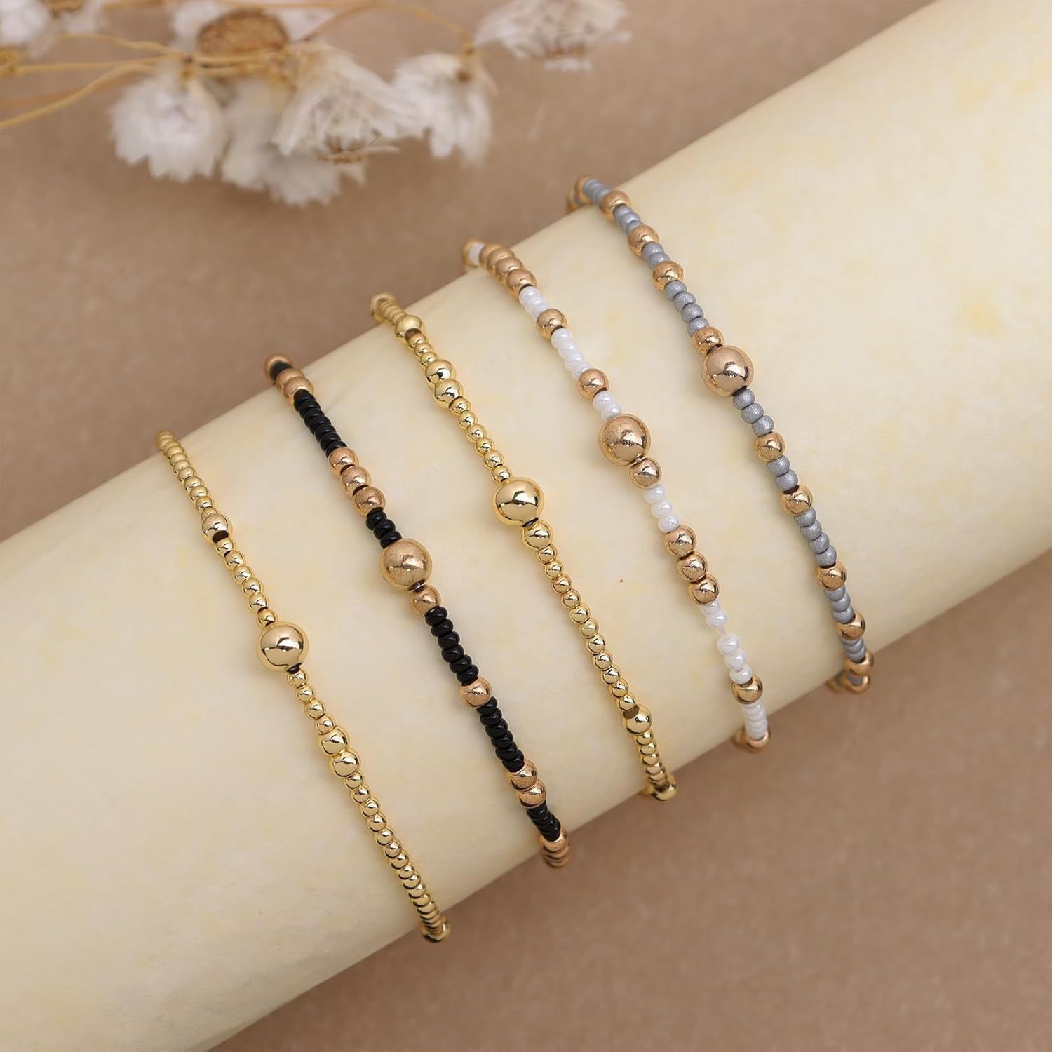 Gold Beads Stack Bracelets Set for Women, Trendy Boho Handmade Black White Gray Beaded Stackable Stretch Bracelet Prom Jewelry Gift. - Image 4