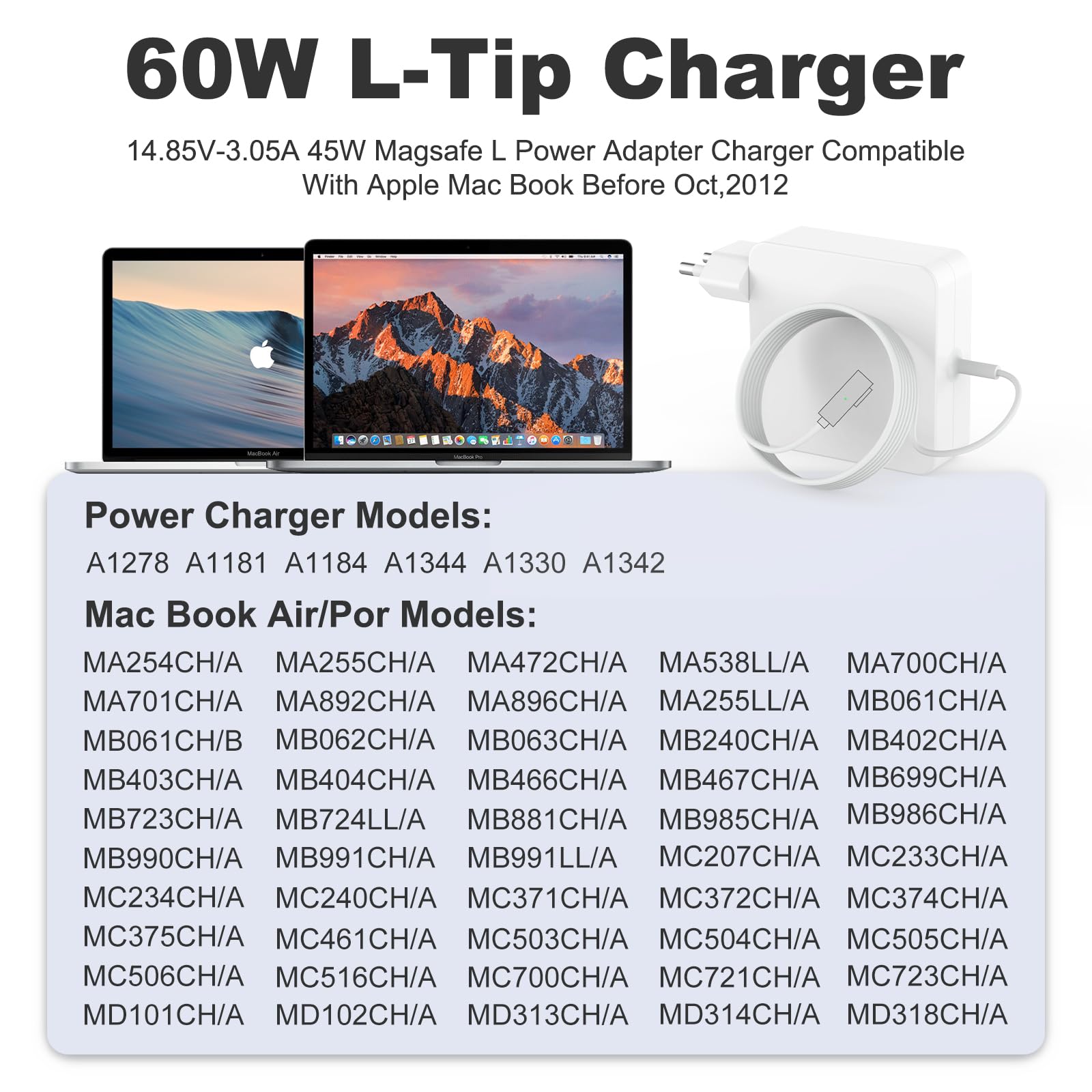 Sostituzione Caricatore Mac Book Air, 60W L-Tip Caricabatterie, Portatile Adattatore di Alimentazione per MacBook Pro 17/15/13 pollici, Metà 2006-2012 Modelli A1344 A1342 A1330 A1278 A1184 A1181 A1172
