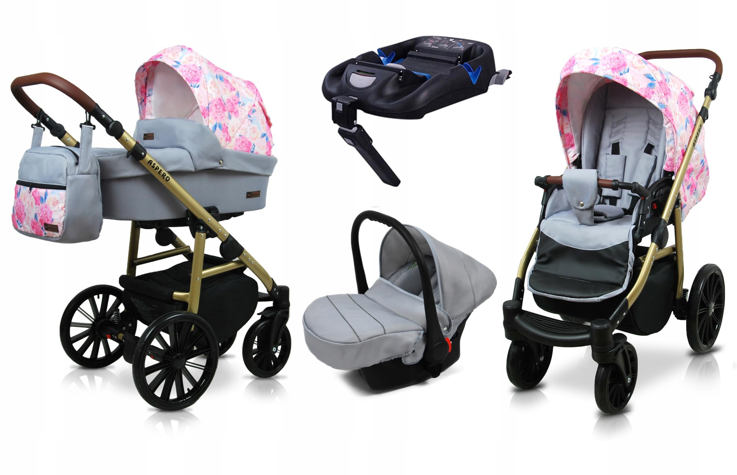 BabyLux® Wózek dziecięcy kompletny zestaw 4 w 1 - Aspero - w tym gondola dla niemowląt, wędka, fotelik samochodowy, podstawa ISOFIX - system kombinowany dla niemowląt, z torbą do przewijania itp.