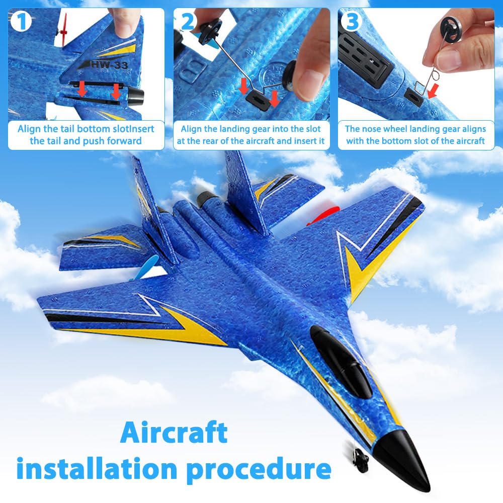 RC Flugzeug, 2.4Ghz Flugzeug Ferngesteuert, Ferngesteuertes Flugzeuge, LED Beleuchtung, 2 Startmodi & USB-Aufladung, für Erwachsene (Himmelblau)