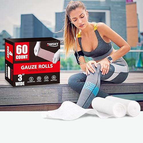 Miniatura 7 de Paquete de 60 rollos de gasa, 3 pulgadas x 4.1 yardas, gasa enrollada transpirable envuelta individualmente, suministros de primeros auxilios de