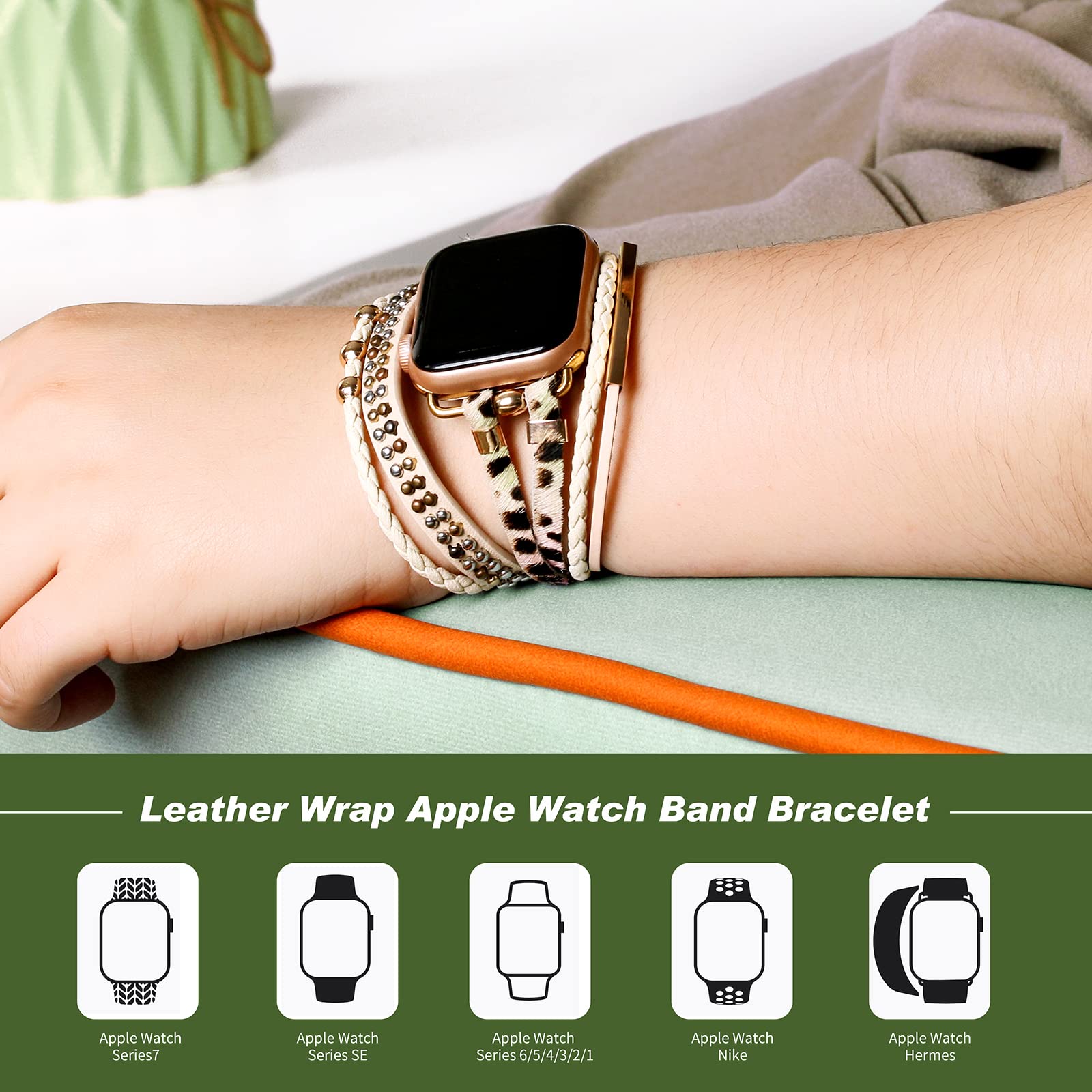 CHARMINGO Multi-layer Leather Watch Band, Bohemian Style, Compatible with Apple Watch Series 10/9/8/7/6/5/4/3/2/1/SE - Image 4