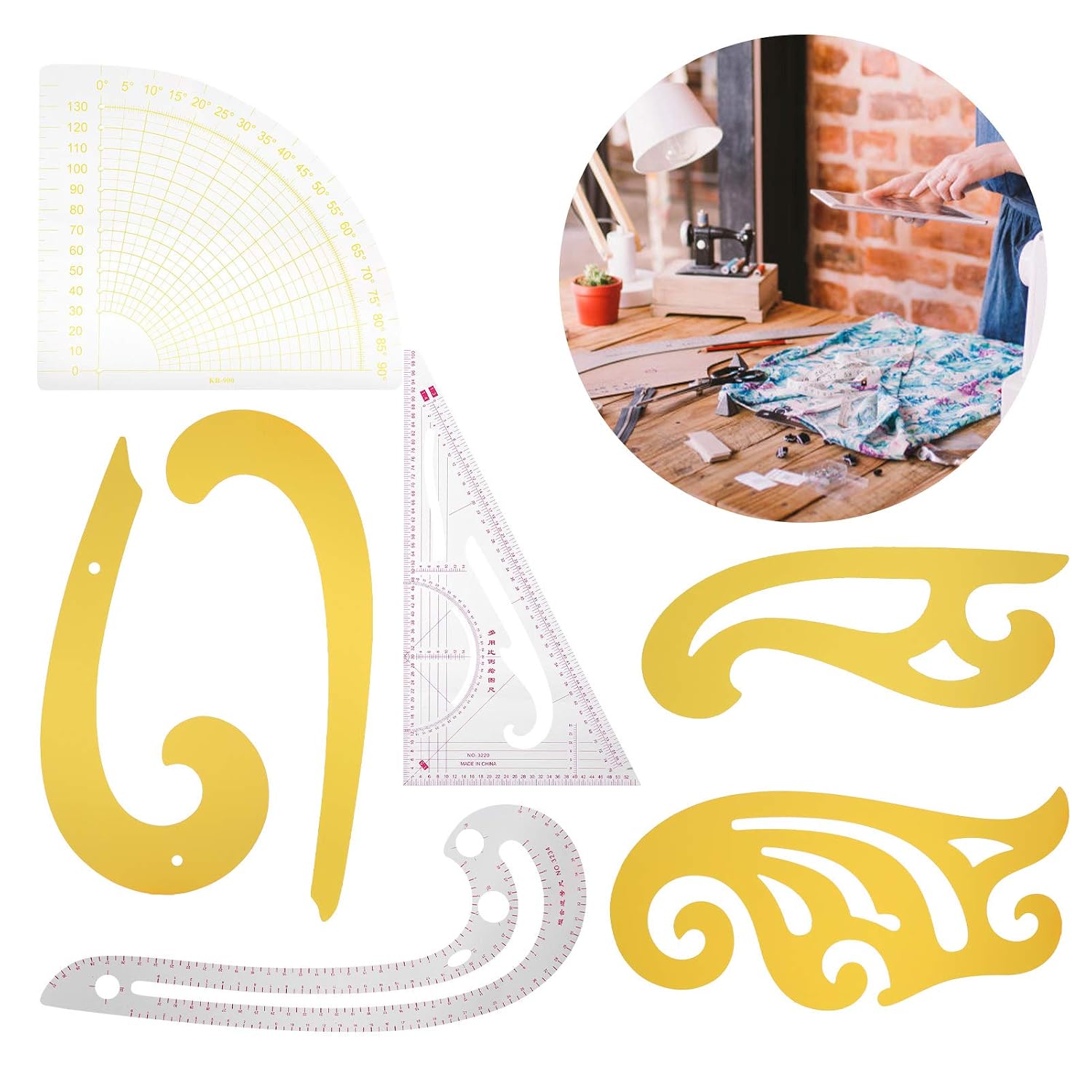 Respicefinem French Curve Ruler Plottg Set 7Pcs Sewing Rulers Kit French Curve Pattern Making Ruler French Curve Drafting Drawing Template Straight Arc Shape for Costume